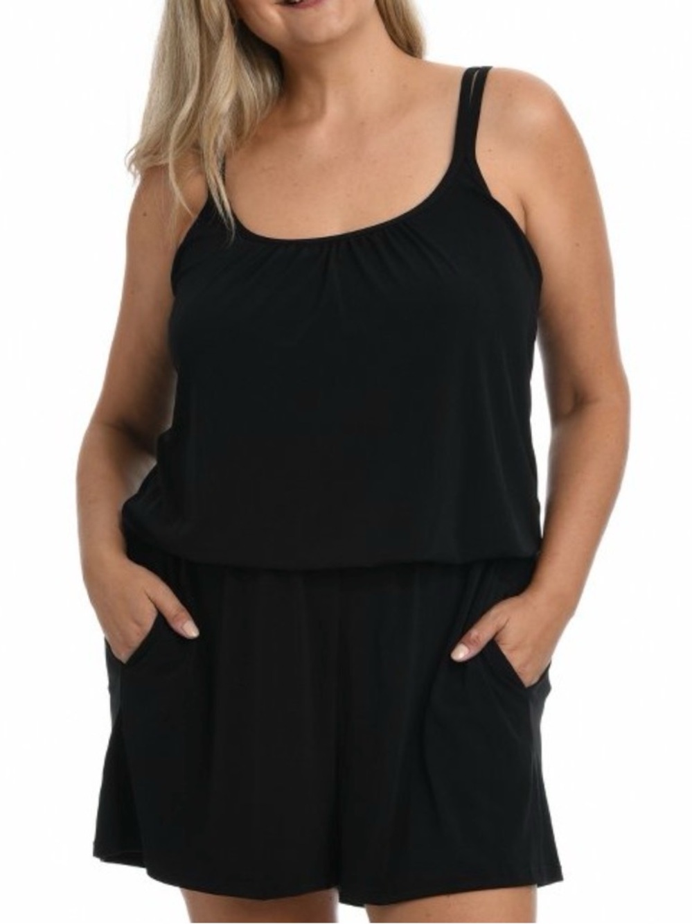 NWT Maxine of Hollywood Plus Size 24W Black Swim Romper One Piece Swimdress